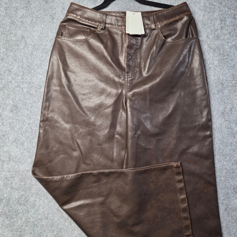 NWT Skies Are Blue Womens L Brown Faux Leather Wide Leg Pants High Rise